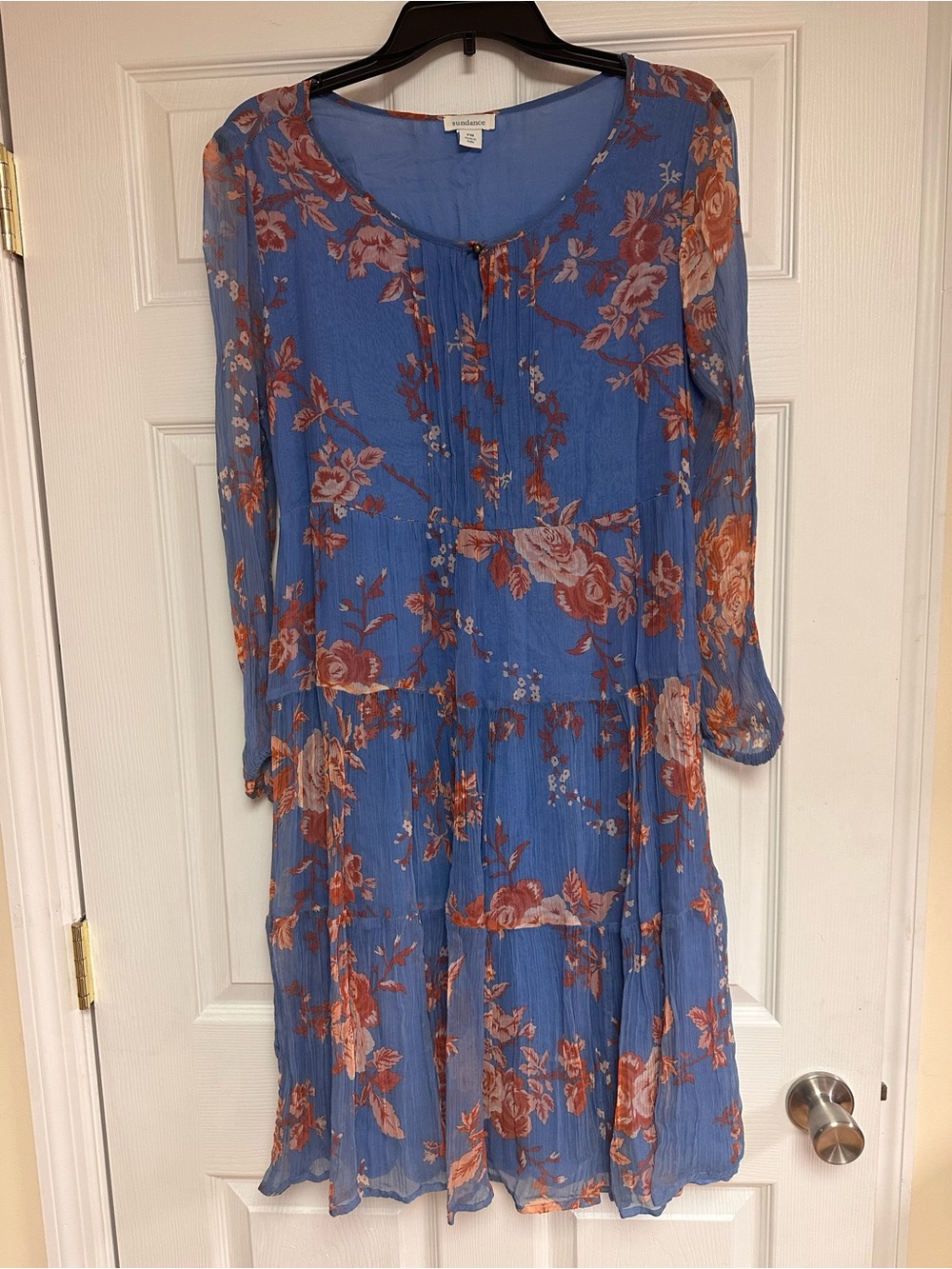 Sundance Blue Floral Tiered Long Sleeve Dress with Orange Accents